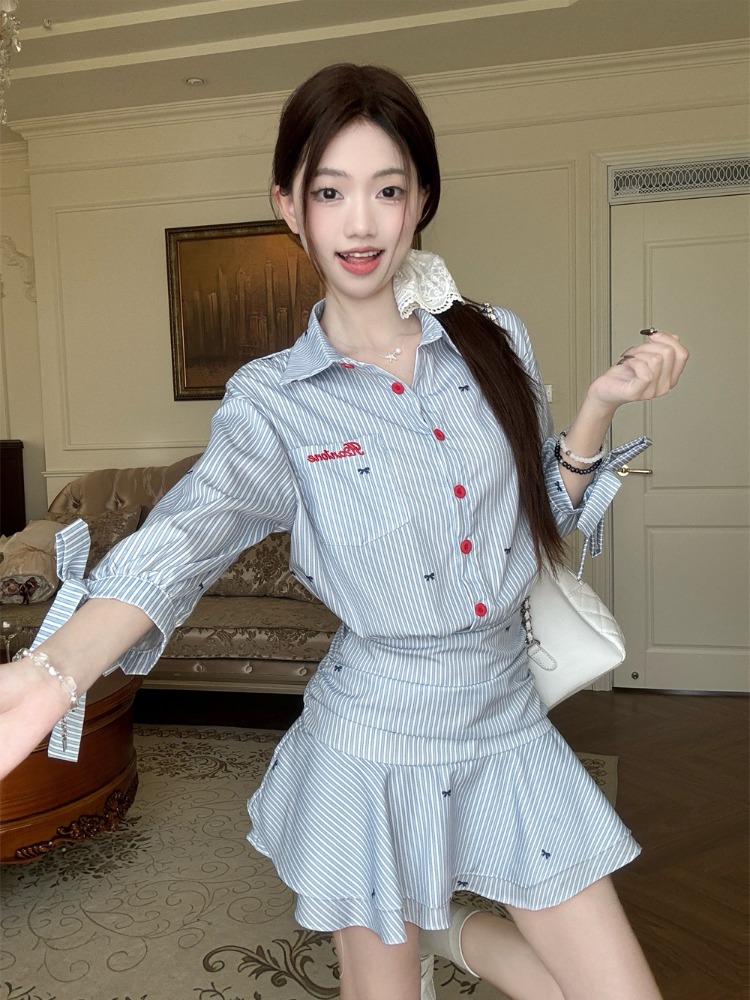 Korean Style A Line Shirt Dress - Повседневное платье-рубашка в корейском стиле, синее,