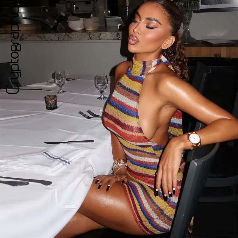 Y2K Backless Halter Mini Dress - Полосатое вязаное мини-платье с бретельками на