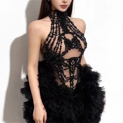 Sparkly Rhinestone Club Party Dress - Женское мини-платье с блестящими стразами, сетчатое,
