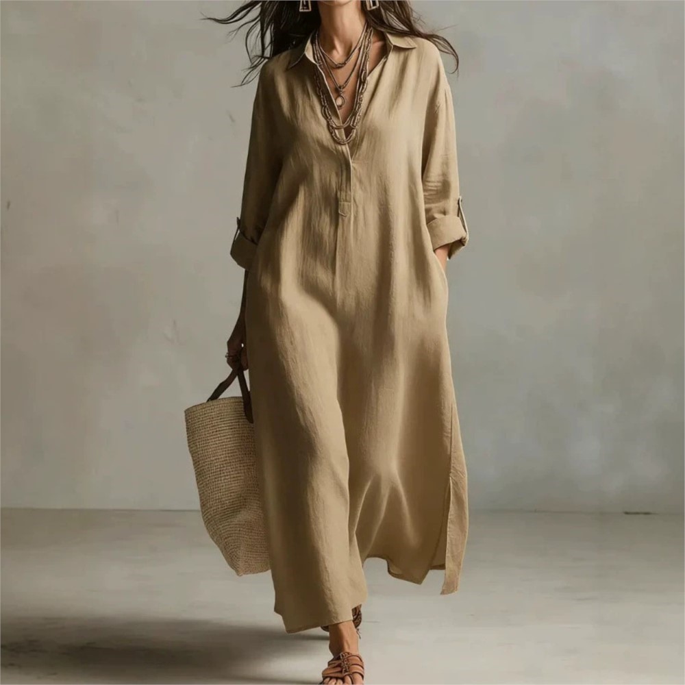 Casual Loose Linen Shirt Dress - Женское винтажное льняное платье-рубашка с отложным