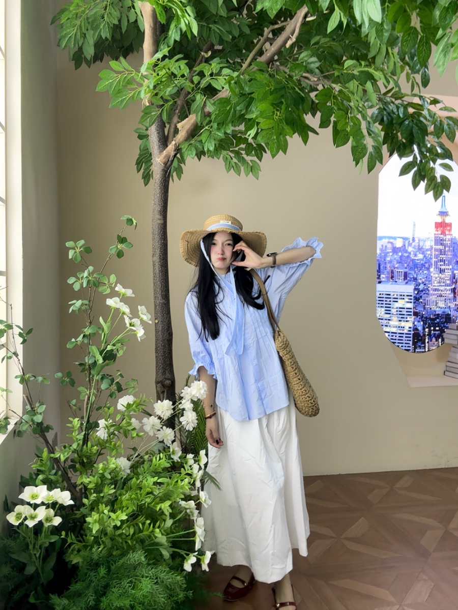 Korean Style A Line Shirt Dress - Женский комплект больших размеров: синяя блузка