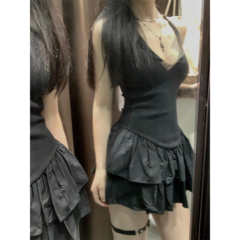 Y2K Backless Halter Mini Dress - MEXZT Y2K черное мини-платье женское модное
