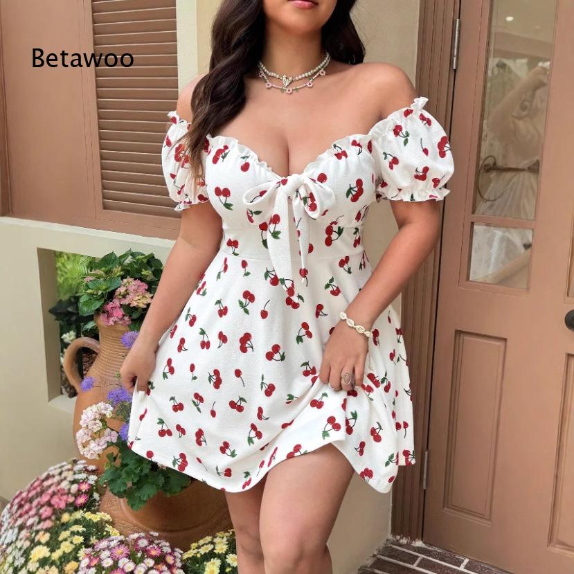 Off Shoulder Puff Sleeve Sundress - Женское мини-платье с цветочным принтом и