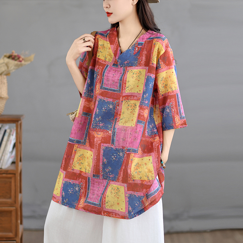 Casual Loose Linen Shirt Dress - Повседневное хлопково-льняное платье-рубашка с принтом в