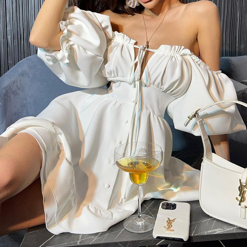 Off Shoulder Puff Sleeve Sundress - Женские мини-платья с открытыми плечами, летние