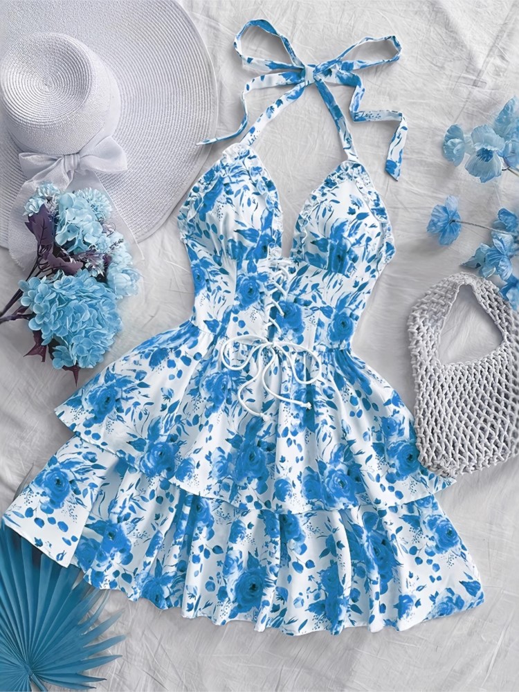 French Vintage Floral Midi Dress - Женское короткое платье в ретро-стиле для