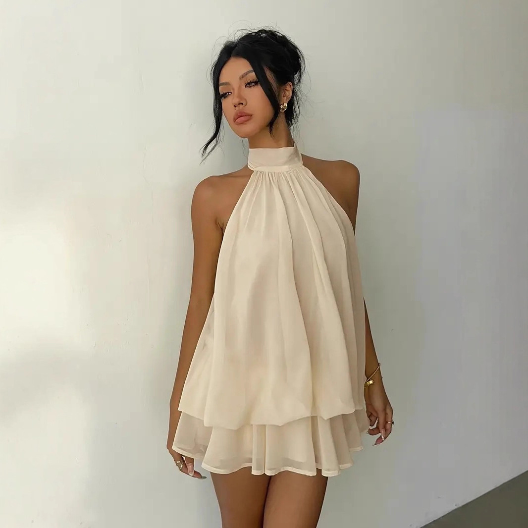 Y2K Backless Halter Mini Dress - Женское платье с воротником-халтер, без спинки,