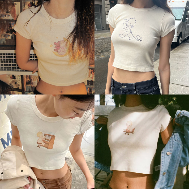 Y2K Graphic Baby Tee Crop - Женская хлопковая футболка с коротким рукавом,