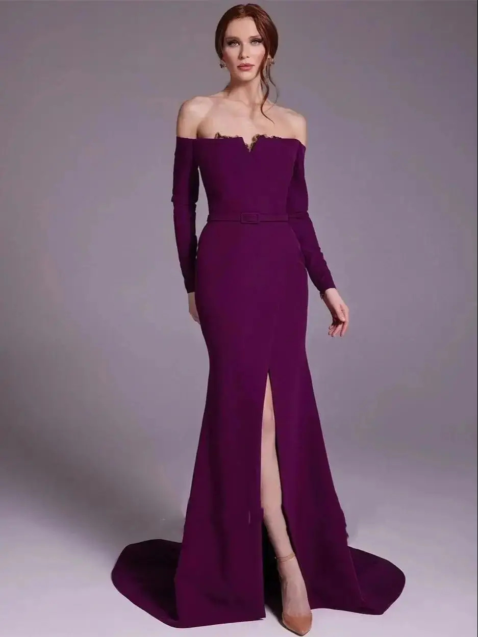 Elegant Satin Evening Gown Split - Элегантное Фиолетовое Атласное коктейльное платье-футляр с