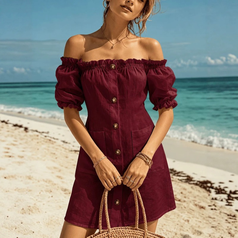 Женское мини-платье с открытым – обзор и цена Off Shoulder Puff Sleeve Sundress