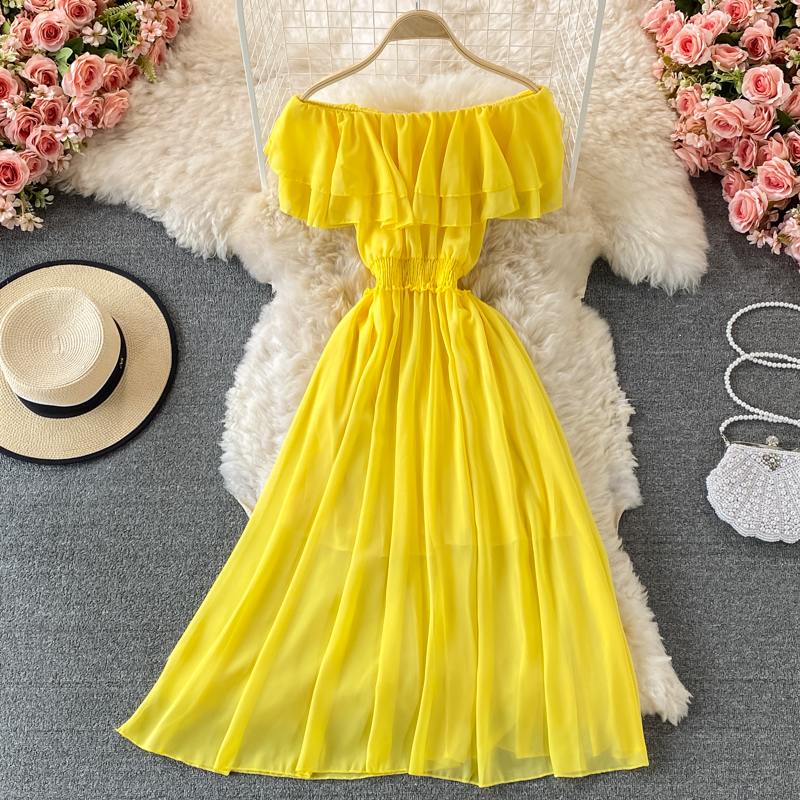 Желтое однотонное женское пляж – обзор и цена Off Shoulder Puff Sleeve Sundress