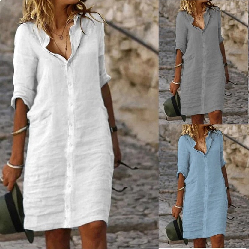 Свободного кроя платье-рубашка – обзор и цена Casual Loose Linen Shirt Dress