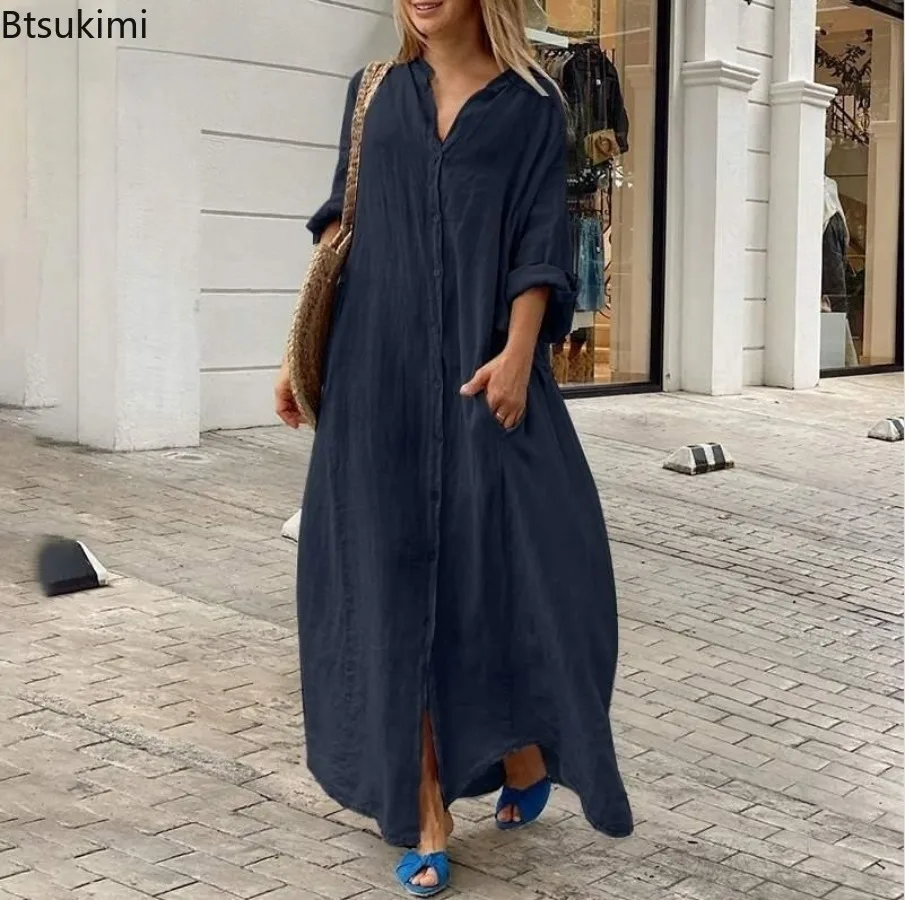 Женское повседневное хлопково- – обзор и цена Casual Loose Linen Shirt Dress