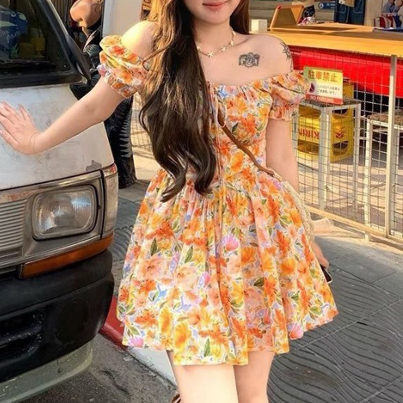 Женское оранжевое мини-платье  – обзор и цена Off Shoulder Puff Sleeve Sundress