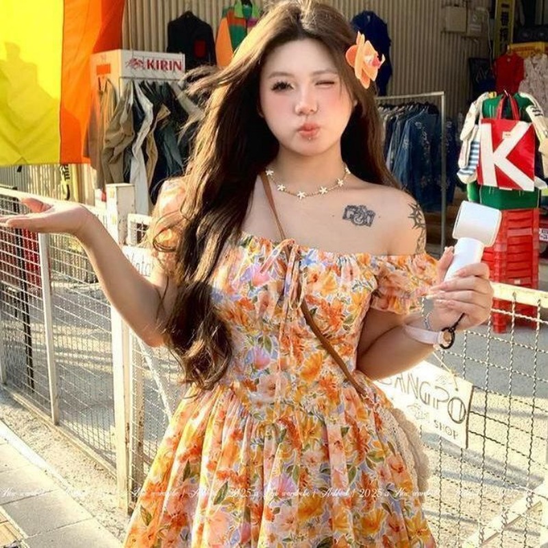 Женское оранжевое мини-платье  – обзор и цена Off Shoulder Puff Sleeve Sundress