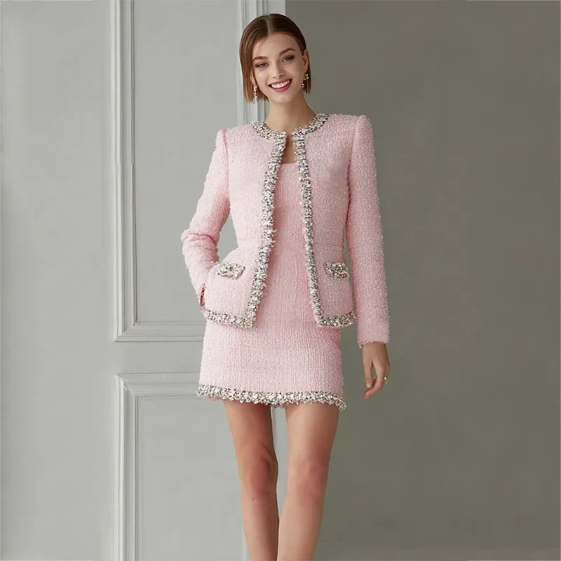 Премиальный розовый твидовый ж – обзор и цена Tweed Two Piece Blazer Dress
