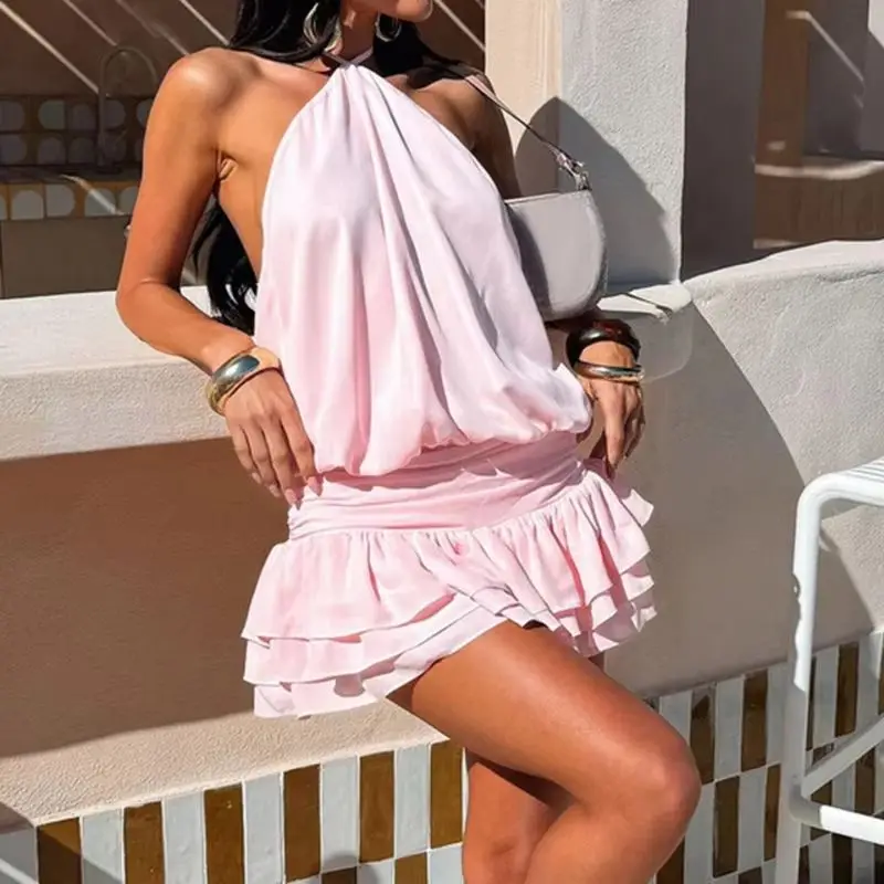 Бандажное однотонное элегантно – обзор и цена Y2K Backless Halter Mini Dress