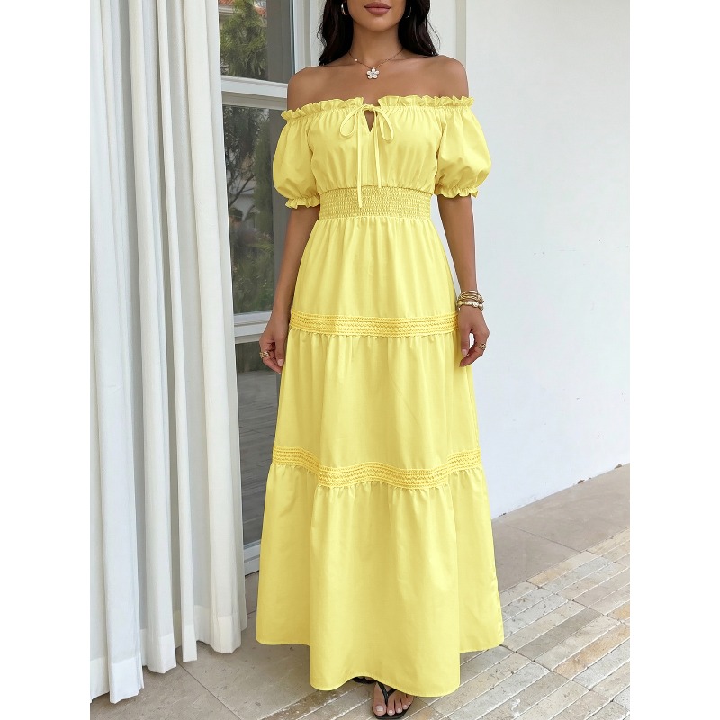 Летнее богемное женское желтое – обзор и цена Off Shoulder Puff Sleeve Sundress