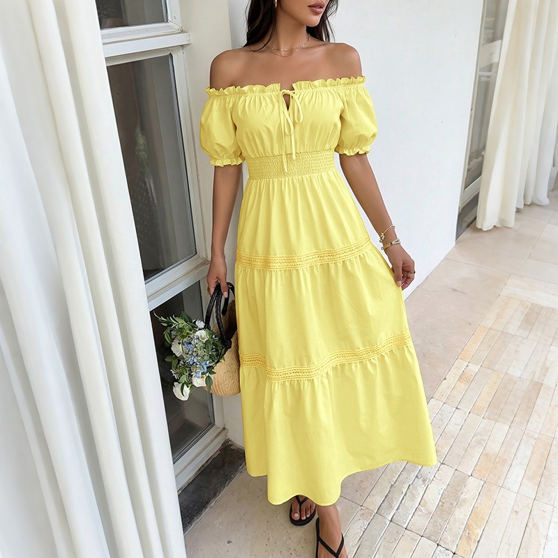 Летнее богемное женское желтое – обзор и цена Off Shoulder Puff Sleeve Sundress